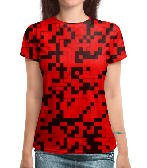Заказать женскую футболку в Москве. Футболка с полной запечаткой (женская) Красные пиксели от THE_NISE  - готовые дизайны и нанесение принтов.