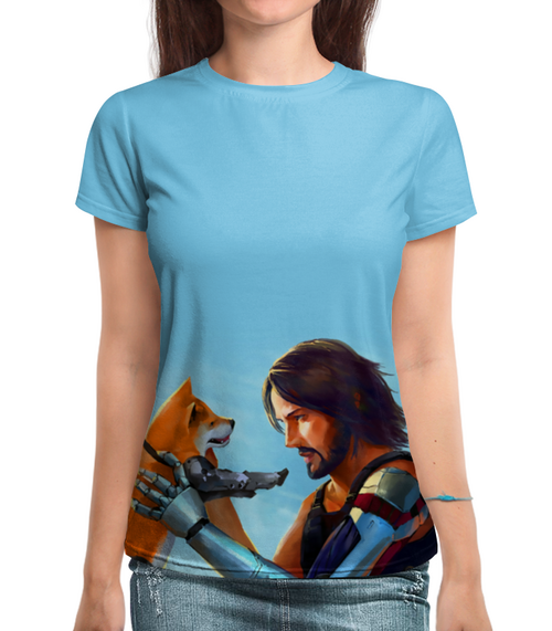 Заказать женскую футболку в Москве. Футболка с полной запечаткой (женская) Cyberpunk 2077   (Keanu Reeves ) от T-shirt print  - готовые дизайны и нанесение принтов.