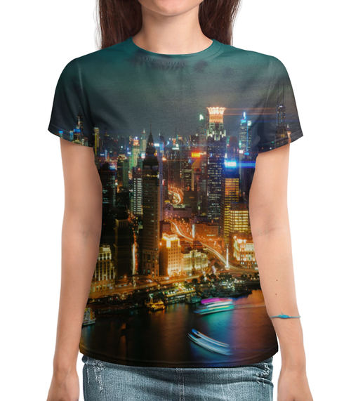 Заказать женскую футболку в Москве. Футболка с полной запечаткой (женская) Ночной город от THE_NISE  - готовые дизайны и нанесение принтов.