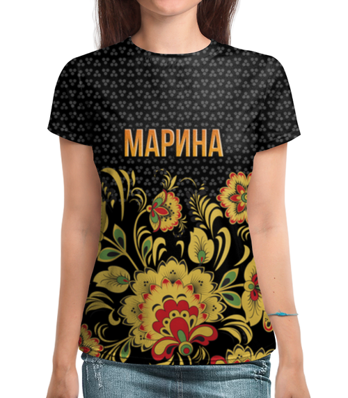 Заказать женскую футболку в Москве. Футболка с полной запечаткой (женская) Хохлома Марина от weeert - готовые дизайны и нанесение принтов.