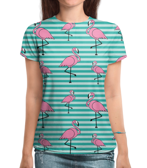 Заказать женскую футболку в Москве. Футболка с полной запечаткой (женская) Розовый фламинго (1) от T-shirt print  - готовые дизайны и нанесение принтов.