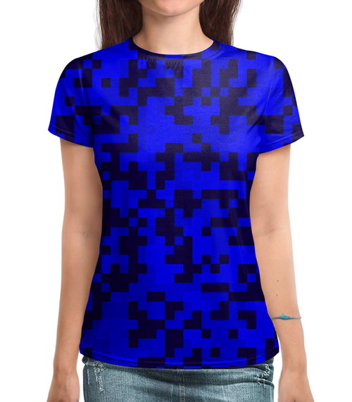 Заказать женскую футболку в Москве. Футболка с полной запечаткой (женская) Синие пиксели от THE_NISE  - готовые дизайны и нанесение принтов.