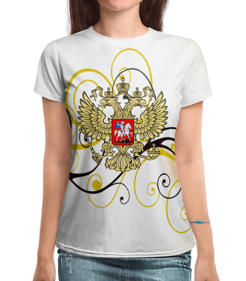 Заказать женскую футболку в Москве. Футболка с полной запечаткой (женская) Герб РФ от THE_NISE  - готовые дизайны и нанесение принтов.