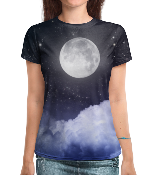 Заказать женскую футболку в Москве. Футболка с полной запечаткой (женская) Ночь и луна от weeert - готовые дизайны и нанесение принтов.