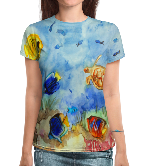 Заказать женскую футболку в Москве. Футболка с полной запечаткой (женская) underwater world от Olga - готовые дизайны и нанесение принтов.