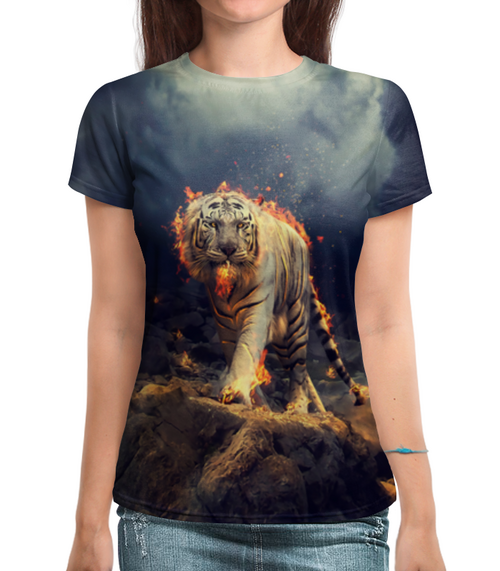 Заказать женскую футболку в Москве. Футболка с полной запечаткой (женская)  Tiger от DeFive  - готовые дизайны и нанесение принтов.