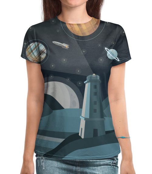 Заказать женскую футболку в Москве. Футболка с полной запечаткой (женская) Космический маяк от Alexander Bagno - готовые дизайны и нанесение принтов.
