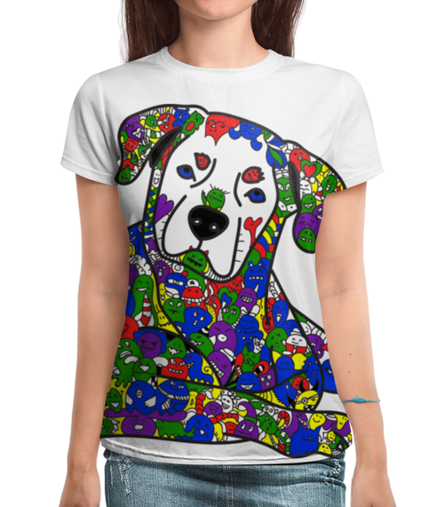 Заказать женскую футболку в Москве. Футболка с полной запечаткой (женская) собака из дудл монстров от Игма - готовые дизайны и нанесение принтов.