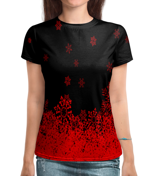 Заказать женскую футболку в Москве. Футболка с полной запечаткой (женская) Красные снежинки от THE_NISE  - готовые дизайны и нанесение принтов.