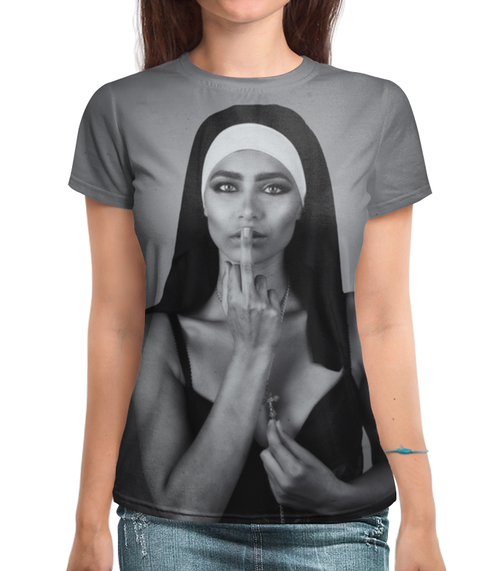 Заказать женскую футболку в Москве. Футболка с полной запечаткой (женская) Nun - 1 от Vladec11 - готовые дизайны и нанесение принтов.