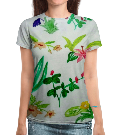 Заказать женскую футболку в Москве. Футболка с полной запечаткой (женская) Ботаника от mrs-snit@yandex.ru - готовые дизайны и нанесение принтов.