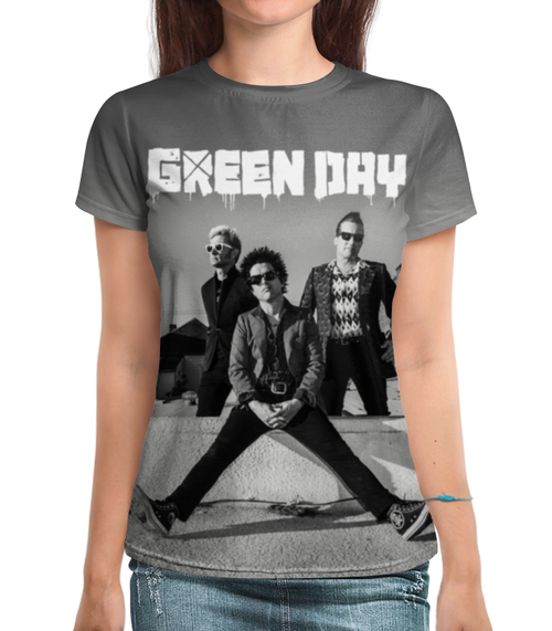 Заказать женскую футболку в Москве. Футболка с полной запечаткой (женская) Green Day от geekbox - готовые дизайны и нанесение принтов.
