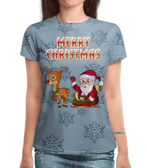 Заказать женскую футболку в Москве. Футболка с полной запечаткой (женская) Merry Christmas! (1) от T-shirt print  - готовые дизайны и нанесение принтов.