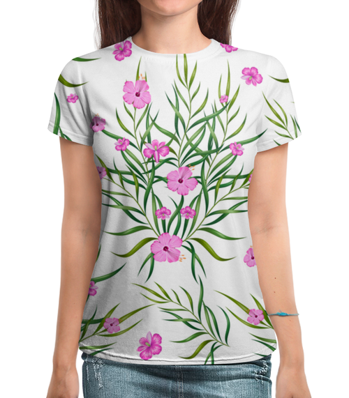 Заказать женскую футболку в Москве. Футболка с полной запечаткой (женская) Тропические цветы от THE_NISE  - готовые дизайны и нанесение принтов.