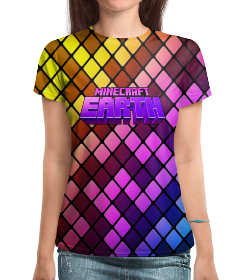 Заказать женскую футболку в Москве. Футболка с полной запечаткой (женская) Minecraft Earth от THE_NISE  - готовые дизайны и нанесение принтов.