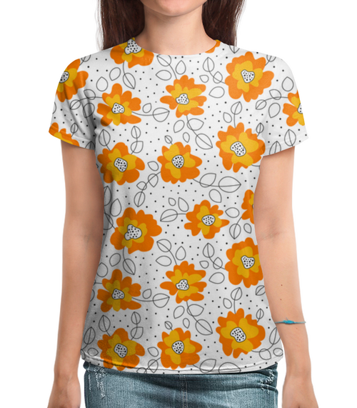 Заказать женскую футболку в Москве. Футболка с полной запечаткой (женская) Оранжевые цветы от Starry  - готовые дизайны и нанесение принтов.