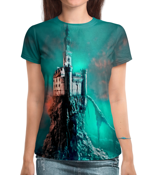 Заказать женскую футболку в Москве. Футболка с полной запечаткой (женская) Замок от THE_NISE  - готовые дизайны и нанесение принтов.