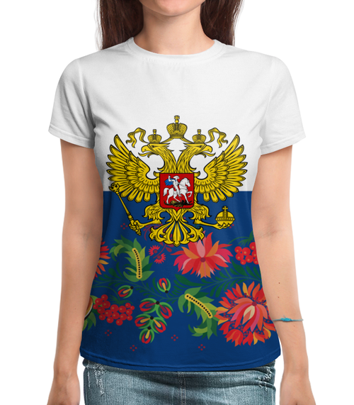 Заказать женскую футболку в Москве. Футболка с полной запечаткой (женская) Хохлома от THE_NISE  - готовые дизайны и нанесение принтов.