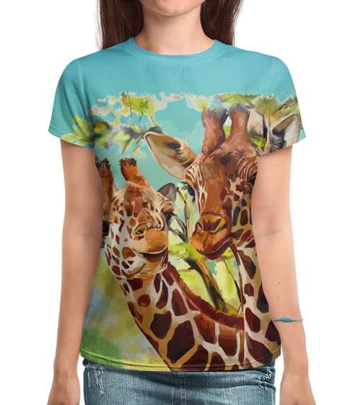 Заказать женскую футболку в Москве. Футболка с полной запечаткой (женская) Жирафы от T-shirt print  - готовые дизайны и нанесение принтов.