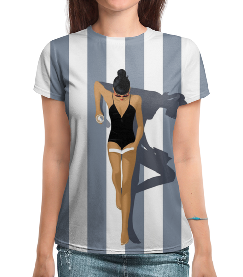 Заказать женскую футболку в Москве. Футболка с полной запечаткой (женская) Girl on the Beach от balden - готовые дизайны и нанесение принтов.