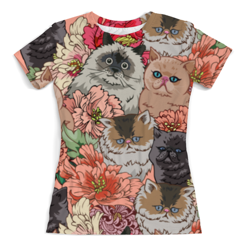 Заказать женскую футболку в Москве. Футболка с полной запечаткой (женская) Коты в цветах от printik - готовые дизайны и нанесение принтов.