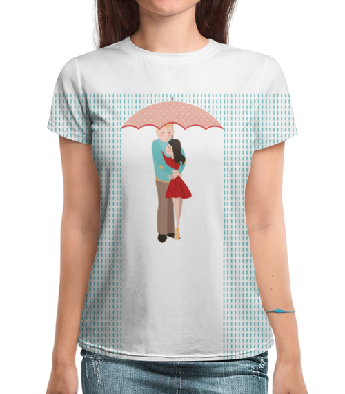 Заказать женскую футболку в Москве. Футболка с полной запечаткой (женская) Влюблённые под дождем от goroshek - готовые дизайны и нанесение принтов.