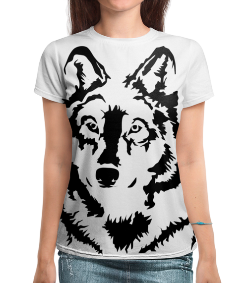Заказать женскую футболку в Москве. Футболка с полной запечаткой (женская) Тату волк от weeert - готовые дизайны и нанесение принтов.