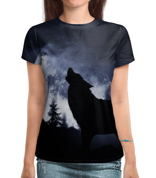 Заказать женскую футболку в Москве. Футболка с полной запечаткой (женская) Wolf Moon от  PRO_DESIGN - готовые дизайны и нанесение принтов.