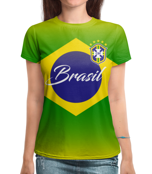 Заказать женскую футболку в Москве. Футболка с полной запечаткой (женская) Сборная Бразилии  от geekbox - готовые дизайны и нанесение принтов.