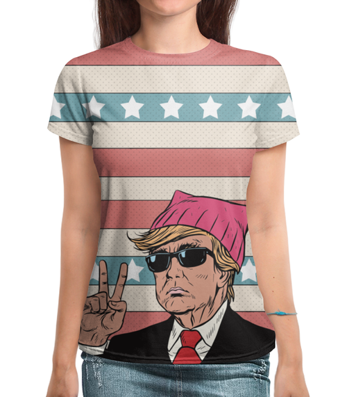 Заказать женскую футболку в Москве. Футболка с полной запечаткой (женская) Дональд Трамп от denis01001 - готовые дизайны и нанесение принтов.