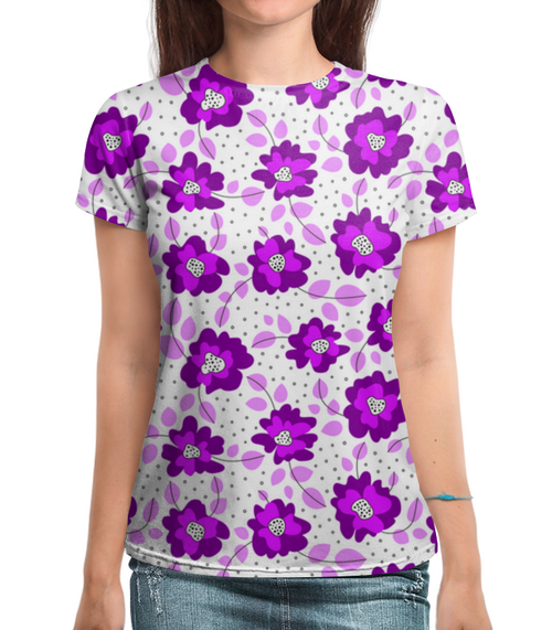Заказать женскую футболку в Москве. Футболка с полной запечаткой (женская) Фиолетовые цветы от Starry  - готовые дизайны и нанесение принтов.