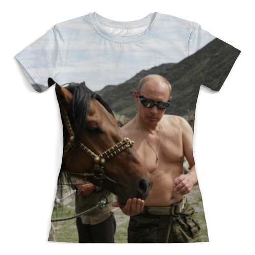 Заказать женскую футболку в Москве. Футболка с полной запечаткой (женская) Путин с конем от weeert - готовые дизайны и нанесение принтов.