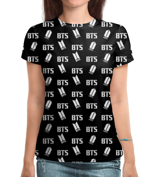 Заказать женскую футболку в Москве. Футболка с полной запечаткой (женская)    Группа BTS от THE_NISE  - готовые дизайны и нанесение принтов.