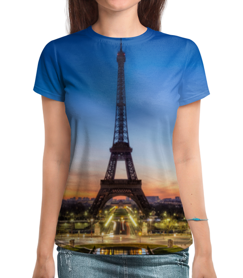 Заказать женскую футболку в Москве. Футболка с полной запечаткой (женская) Париж Эйфелева башня от Fil6 - готовые дизайны и нанесение принтов.
