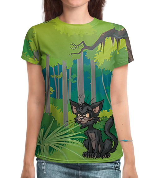 Заказать женскую футболку в Москве. Футболка с полной запечаткой (женская) Злой черный котенок (1) от T-shirt print  - готовые дизайны и нанесение принтов.