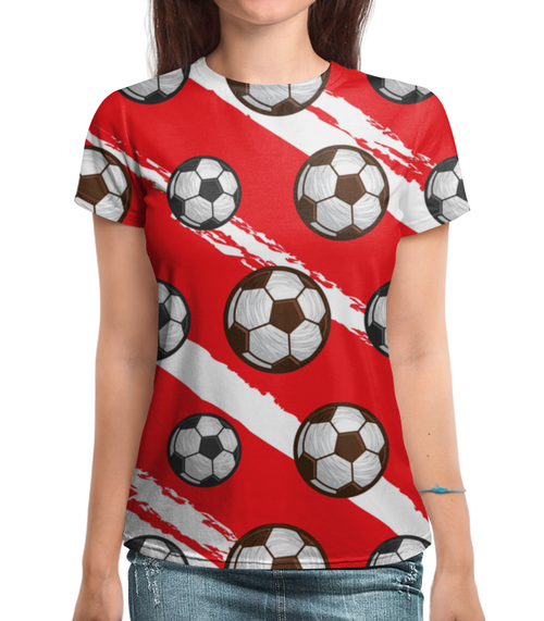 Заказать женскую футболку в Москве. Футболка с полной запечаткой (женская) Футбольные мячи от Print design  - готовые дизайны и нанесение принтов.