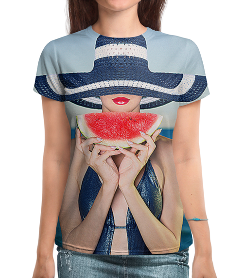 Заказать женскую футболку в Москве. Футболка с полной запечаткой (женская) Девушка с арбузом от T-shirt print  - готовые дизайны и нанесение принтов.