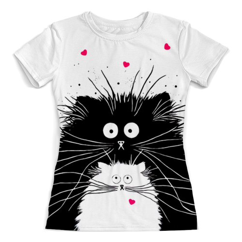 Заказать женскую футболку в Москве. Футболка с полной запечаткой (женская) Белый кот черная кошка от ПРИНТЫ ПЕЧАТЬ  - готовые дизайны и нанесение принтов.