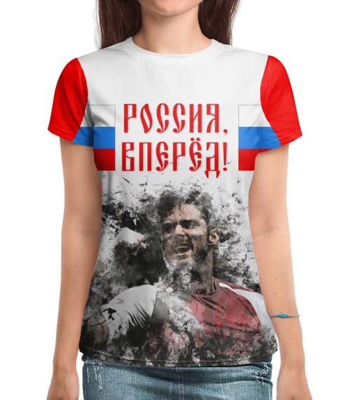 Заказать женскую футболку в Москве. Футболка с полной запечаткой (женская) Россия вперёд! от Vita Lobas - готовые дизайны и нанесение принтов.
