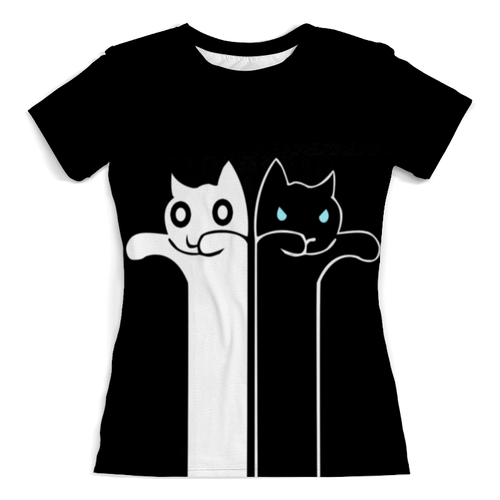 Заказать женскую футболку в Москве. Футболка с полной запечаткой (женская) Белый кот чёрная кошка от ПРИНТЫ ПЕЧАТЬ  - готовые дизайны и нанесение принтов.