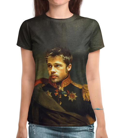 Заказать женскую футболку в Москве. Футболка с полной запечаткой (женская) Brad Pitt (1) от ПРИНТЫ ПЕЧАТЬ  - готовые дизайны и нанесение принтов.
