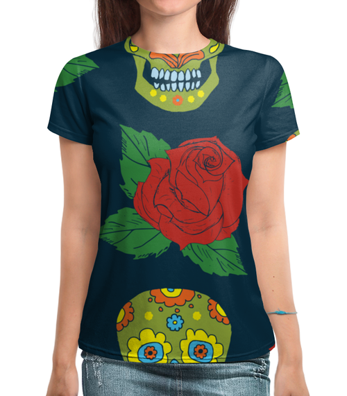 Заказать женскую футболку в Москве. Футболка с полной запечаткой (женская) Череп и цветок от THE_NISE  - готовые дизайны и нанесение принтов.