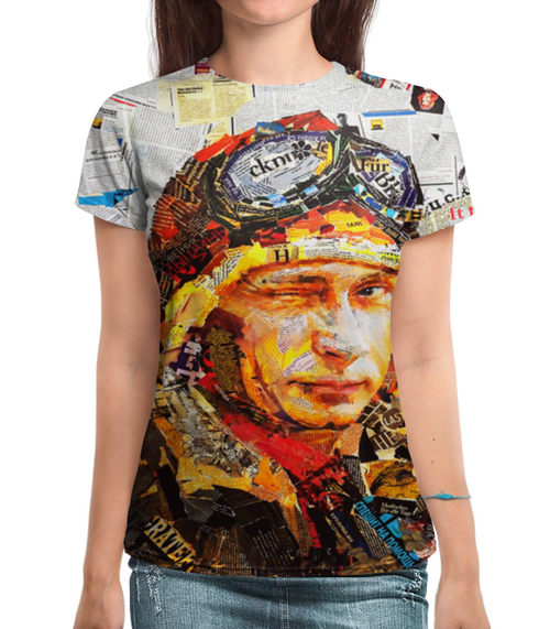 Заказать женскую футболку в Москве. Футболка с полной запечаткой (женская) Putin от THE_NISE  - готовые дизайны и нанесение принтов.