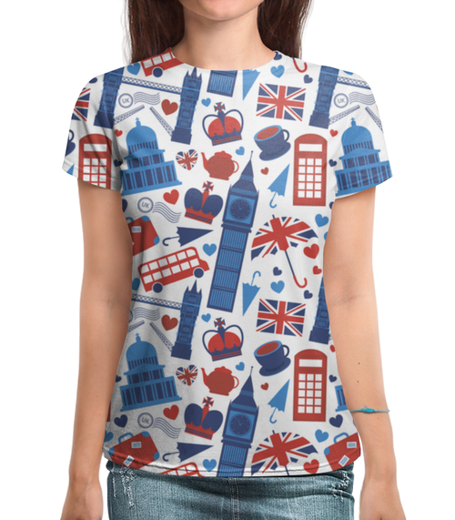 Заказать женскую футболку в Москве. Футболка с полной запечаткой (женская) Великобритания от Polilog - готовые дизайны и нанесение принтов.