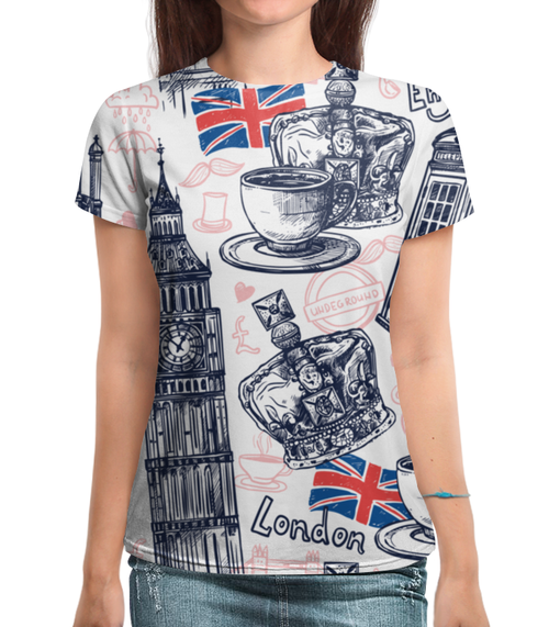 Заказать женскую футболку в Москве. Футболка с полной запечаткой (женская) Лондон от nadegda - готовые дизайны и нанесение принтов.
