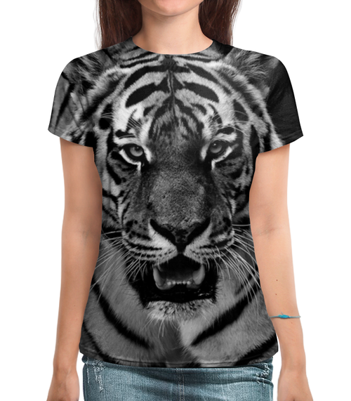 Заказать женскую футболку в Москве. Футболка с полной запечаткой (женская) Хищный тигр от weeert - готовые дизайны и нанесение принтов.