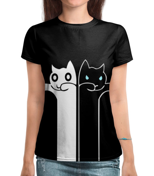 Заказать женскую футболку в Москве. Футболка с полной запечаткой (женская) Белый кот чёрная кошка от ПРИНТЫ ПЕЧАТЬ  - готовые дизайны и нанесение принтов.