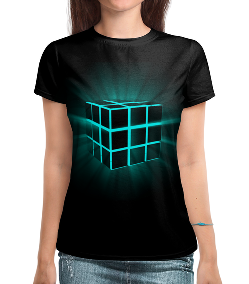 Заказать женскую футболку в Москве. Футболка с полной запечаткой (женская) Кубик Рубика от galaxy secret - готовые дизайны и нанесение принтов.
