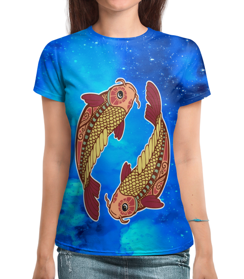 Заказать женскую футболку в Москве. Футболка с полной запечаткой (женская) Зодиак-рыбы от THE_NISE  - готовые дизайны и нанесение принтов.