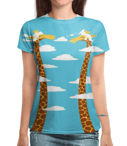 Заказать женскую футболку в Москве. Футболка с полной запечаткой (женская) Жирафы  от ПРИНТЫ ПЕЧАТЬ  - готовые дизайны и нанесение принтов.